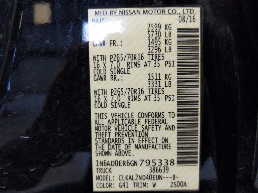 2016 Nissan Frontier - VIN Plate