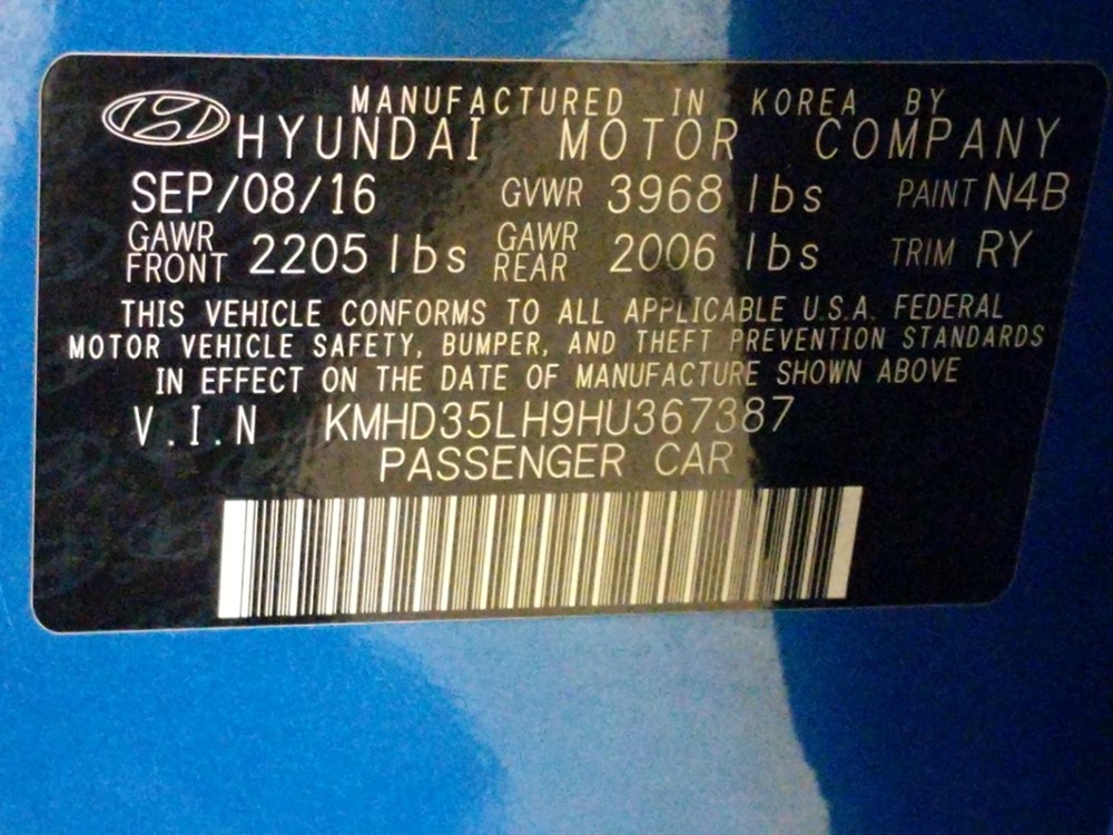 2017 Hyundai Elantra - VIN Plate