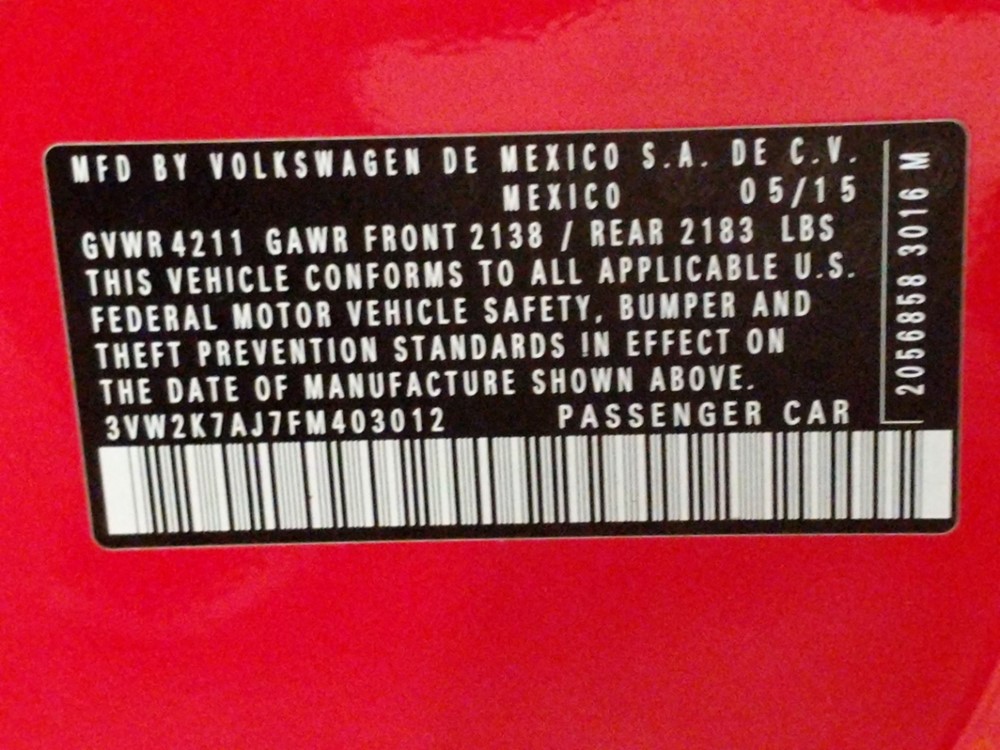 2015 Volkswagen Jetta - VIN Plate