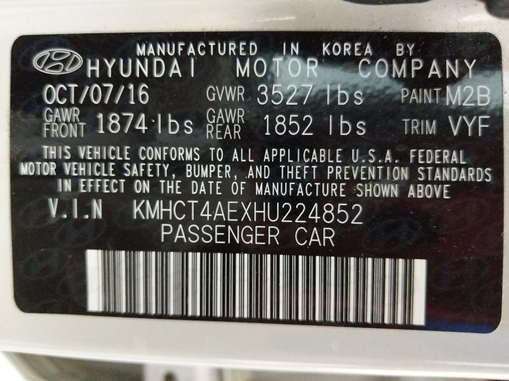 2017 Hyundai Accent - VIN Plate