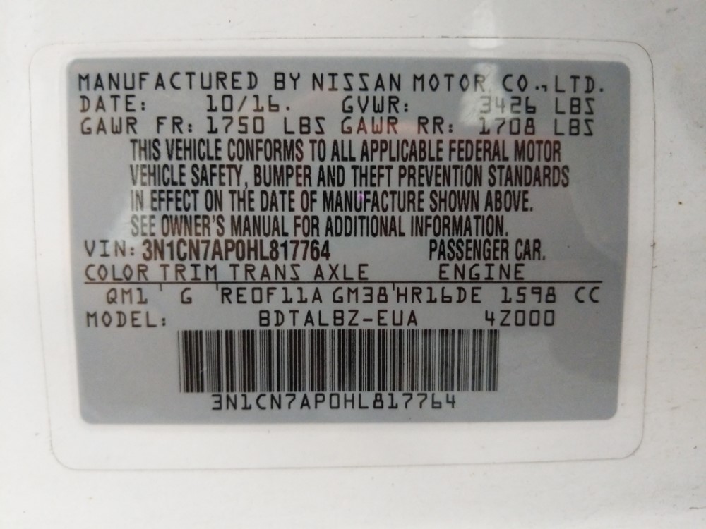 2017 Nissan Versa - VIN Plate