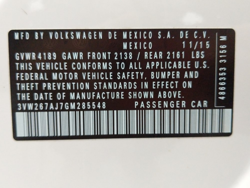 2016 Volkswagen Jetta - VIN Plate