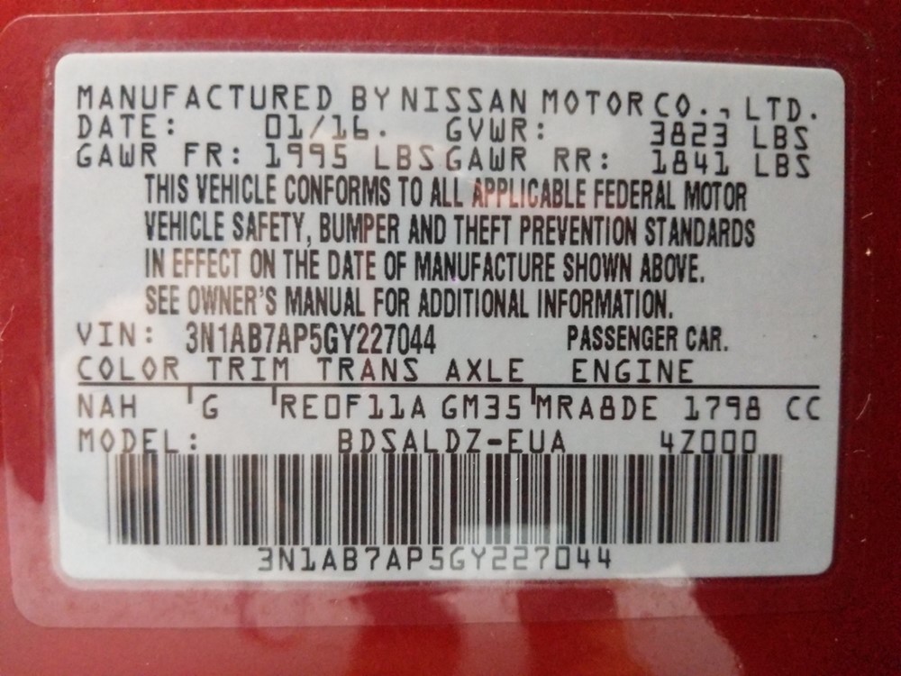 2016 Nissan Sentra - VIN Plate