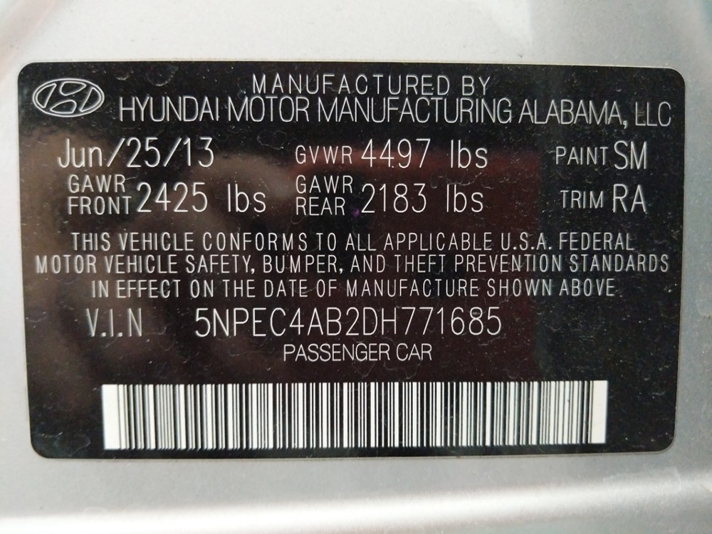2013 Hyundai Sonata - VIN Plate