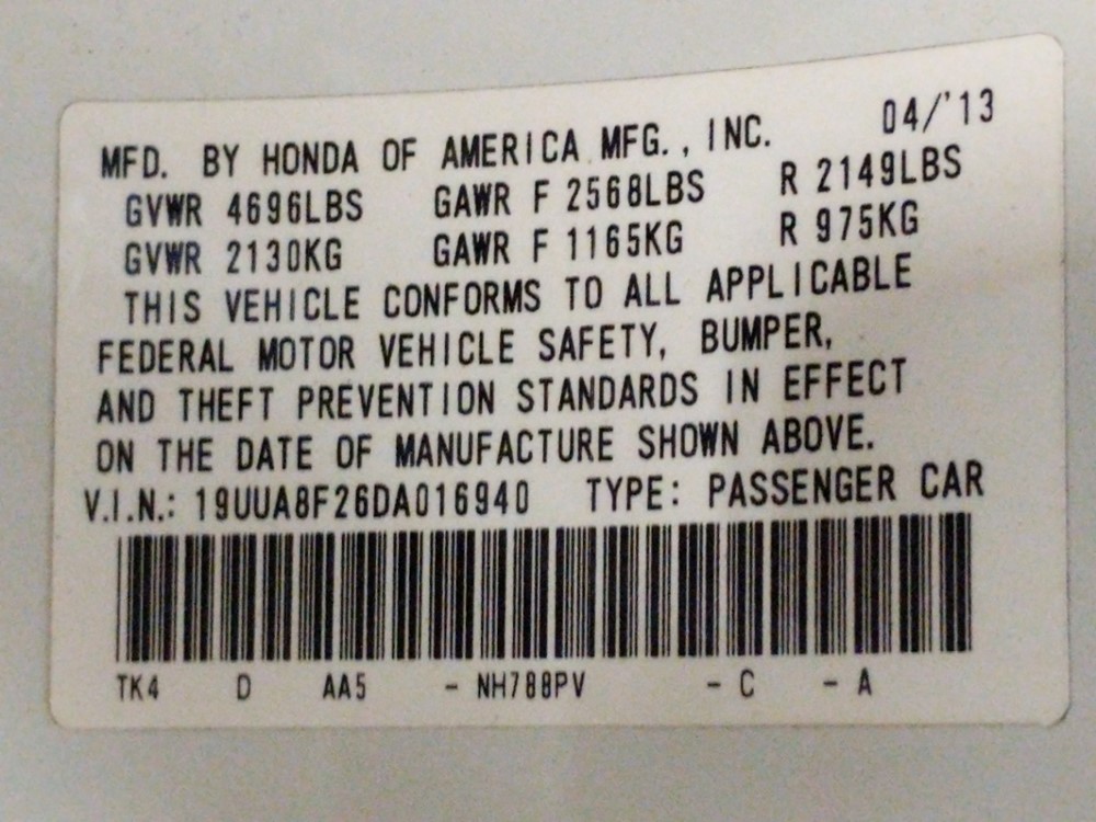 2013 Acura TL - VIN Plate