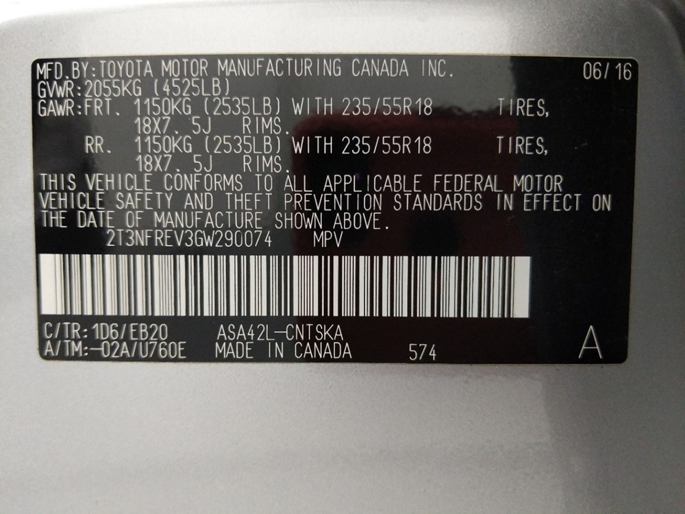 2016 Toyota RAV4 - VIN Plate