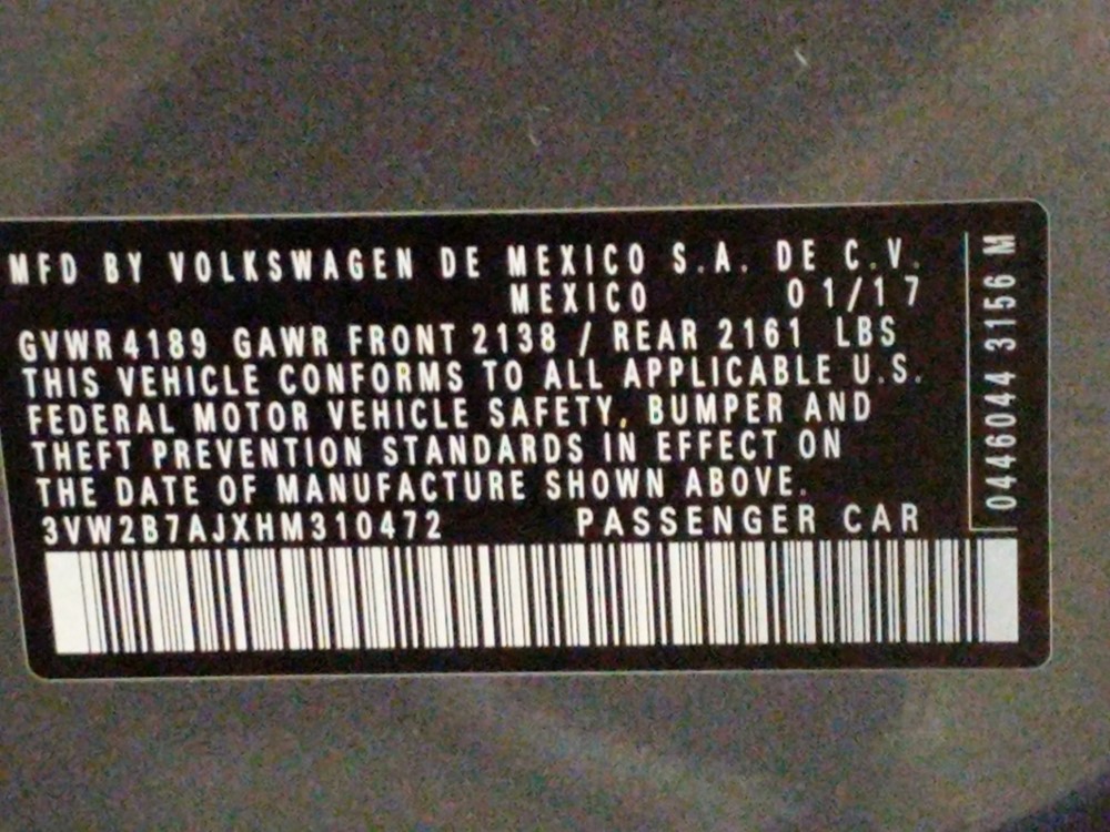 2017 Volkswagen Jetta - VIN Plate
