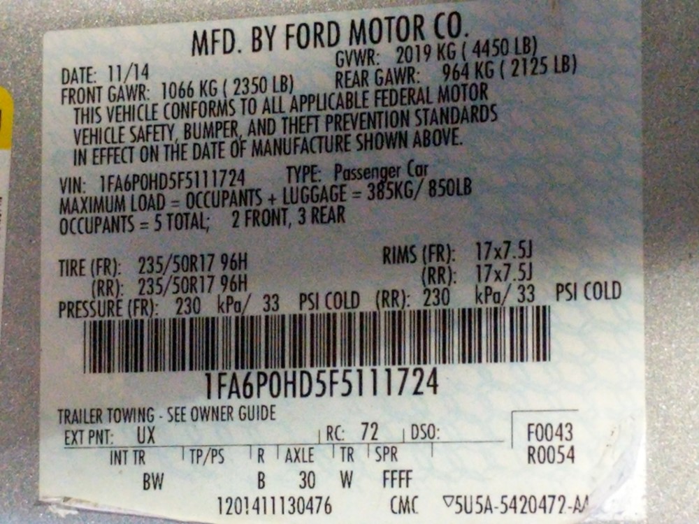 2015 Ford Fusion - VIN Plate