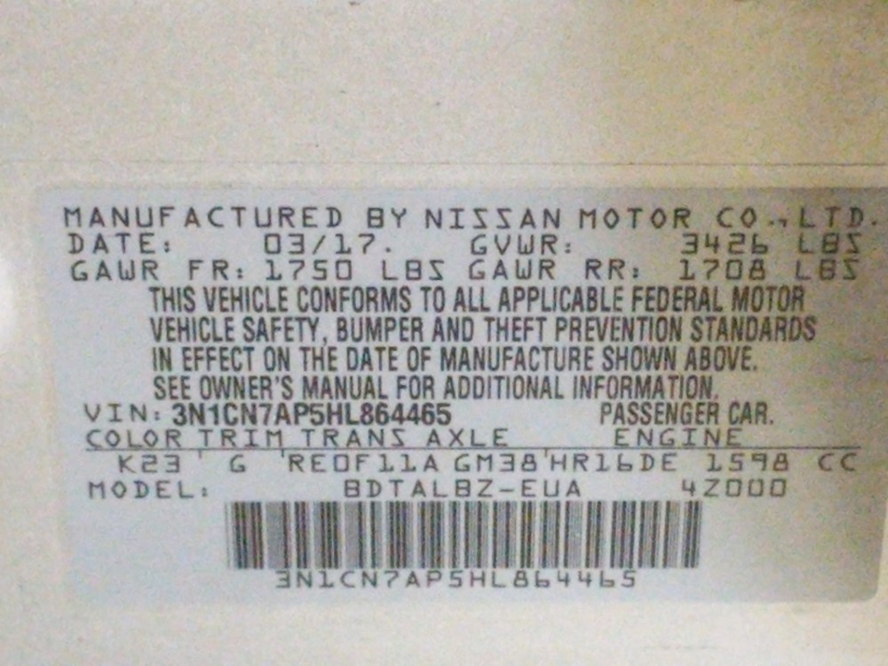2017 Nissan Versa - VIN Plate