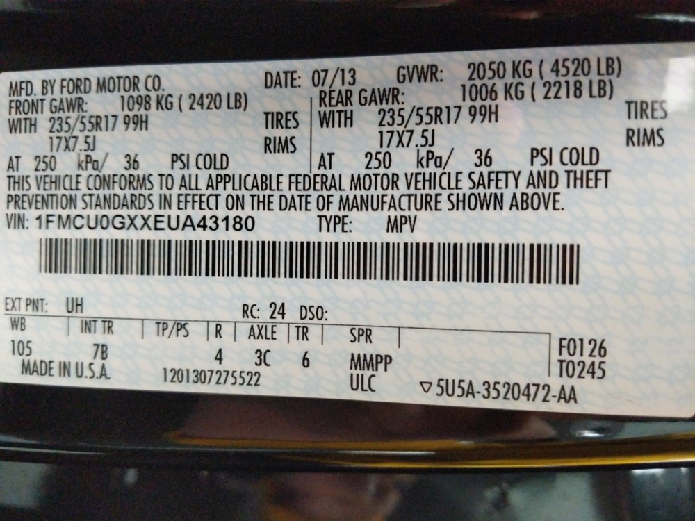 2014 Ford Escape - VIN Plate