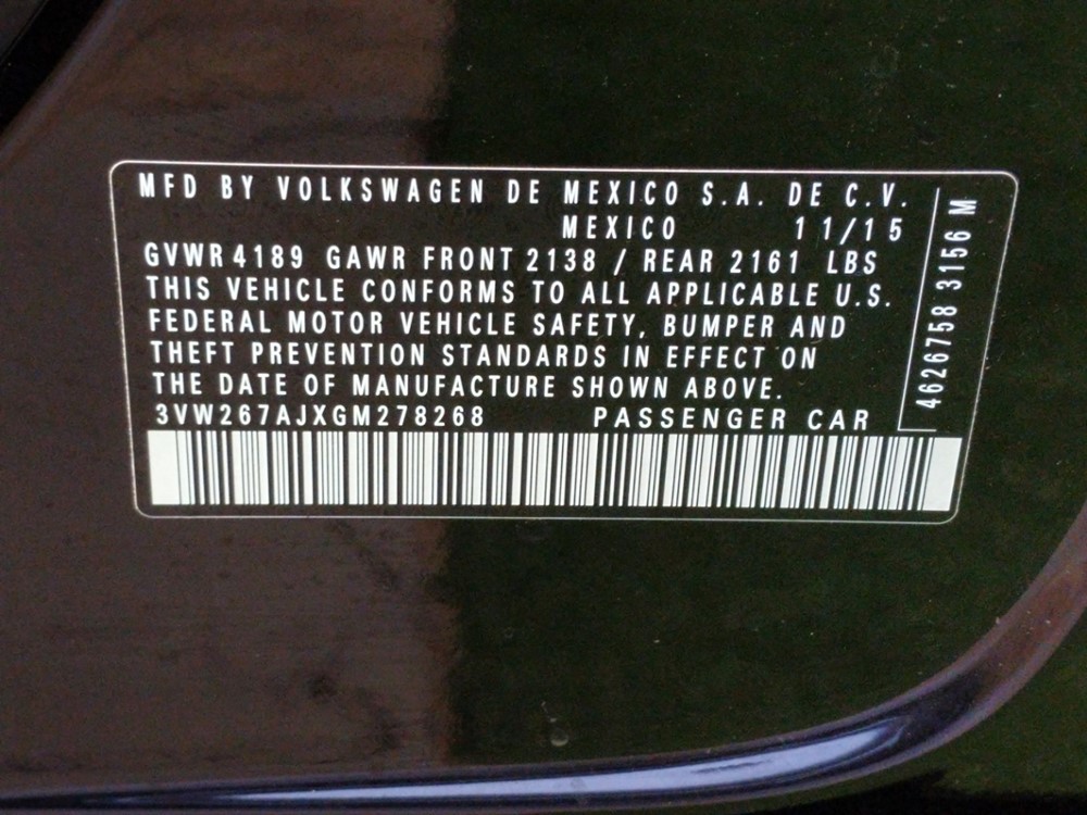2016 Volkswagen Jetta - VIN Plate