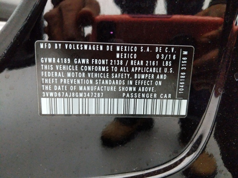 2016 Volkswagen Jetta - VIN Plate
