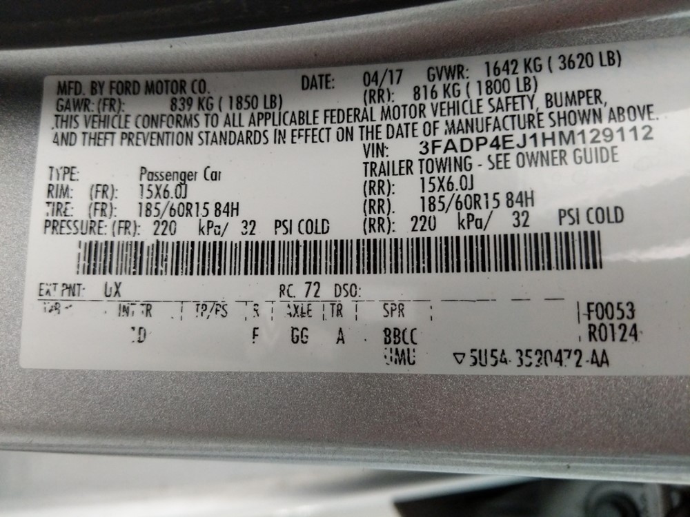 2017 Ford Fiesta - VIN Plate