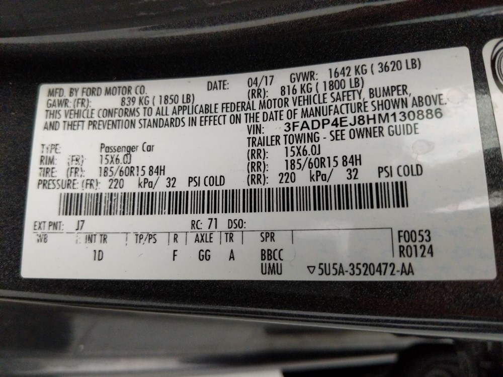 2017 Ford Fiesta - VIN Plate