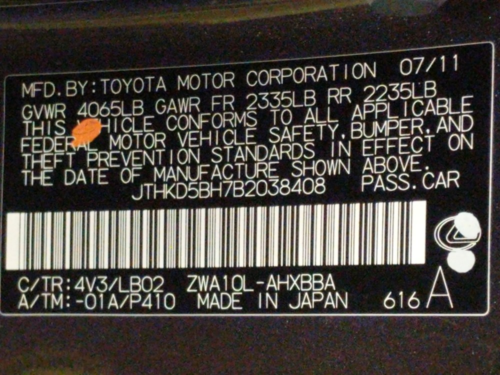 2011 Lexus CT 200h - VIN Plate