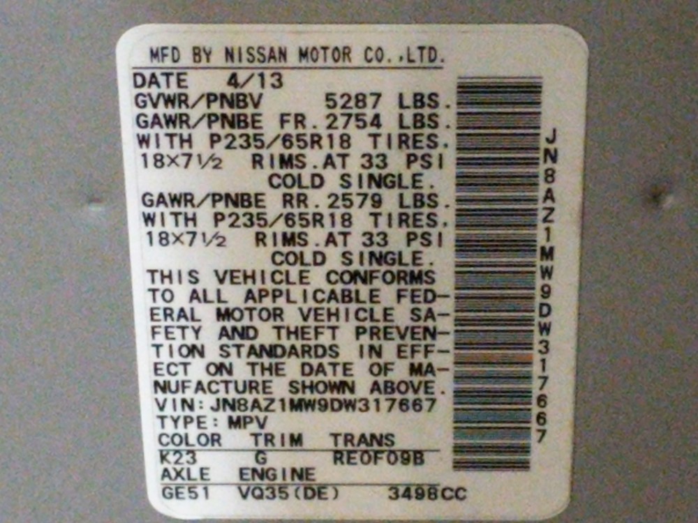 2013 Nissan Murano - VIN Plate