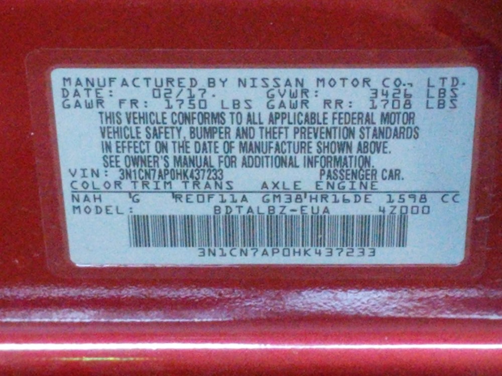 2017 Nissan Versa - VIN Plate