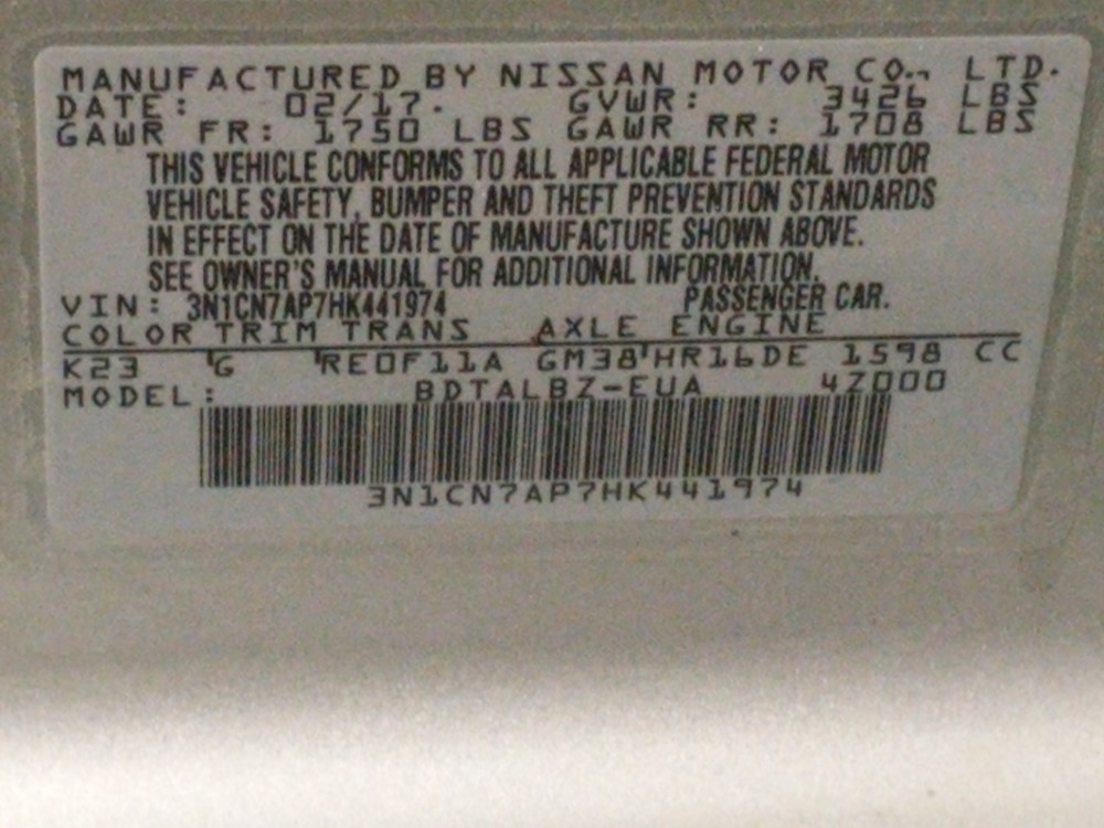 2017 Nissan Versa - VIN Plate