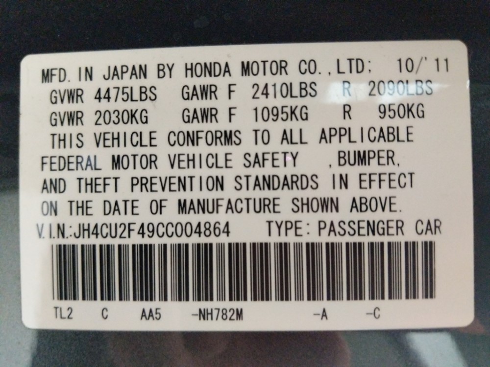 2012 Acura TSX - VIN Plate
