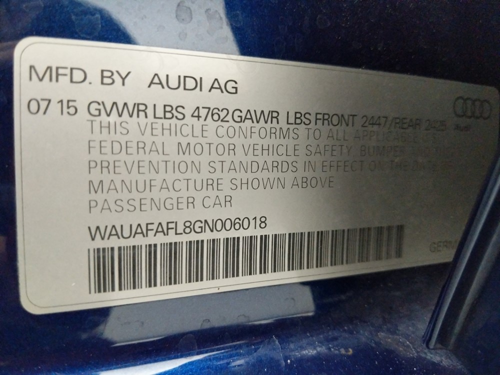 2016 Audi A4 - VIN Plate