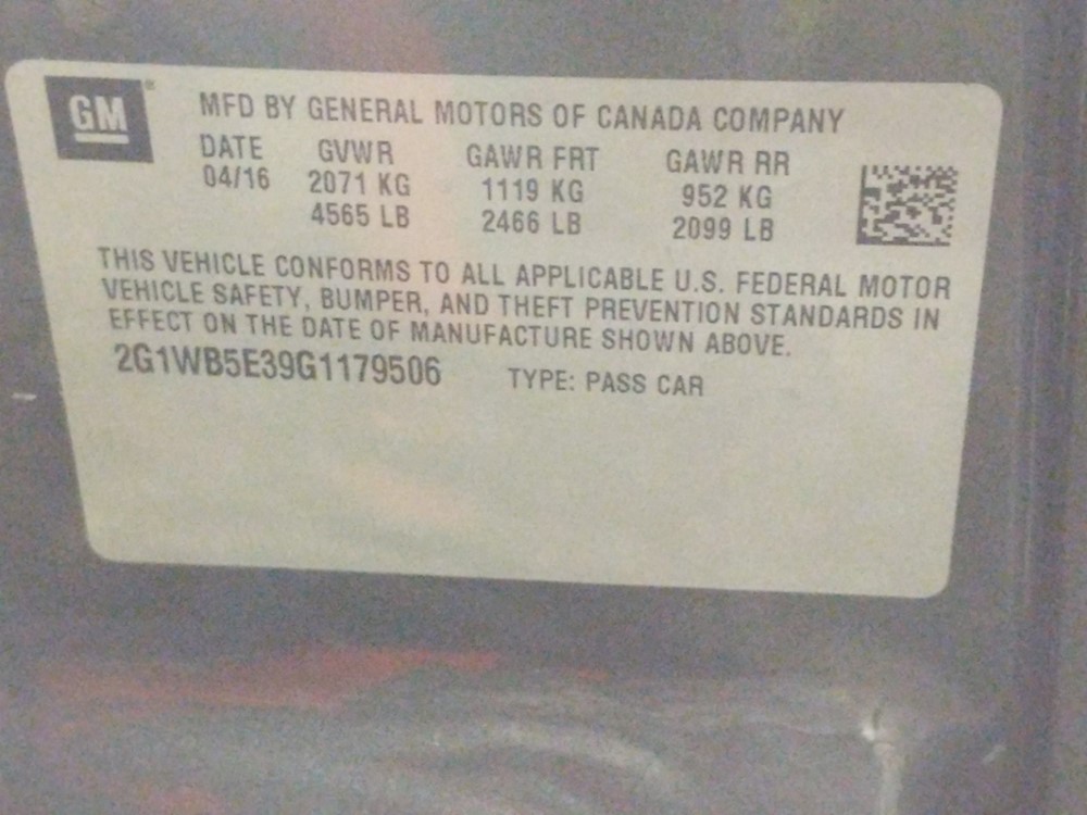 2016 Chevrolet Impala - VIN Plate