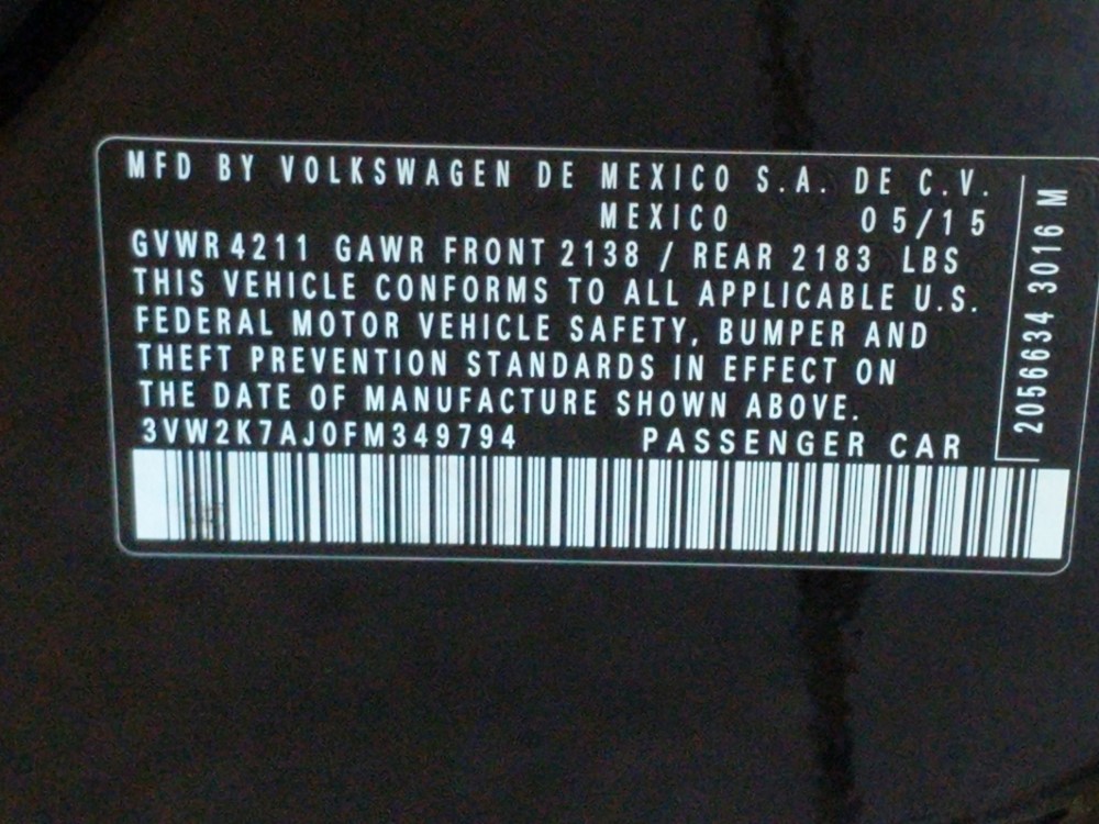 2015 Volkswagen Jetta - VIN Plate
