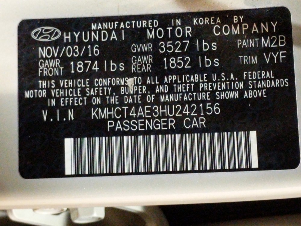 2017 Hyundai Accent - VIN Plate