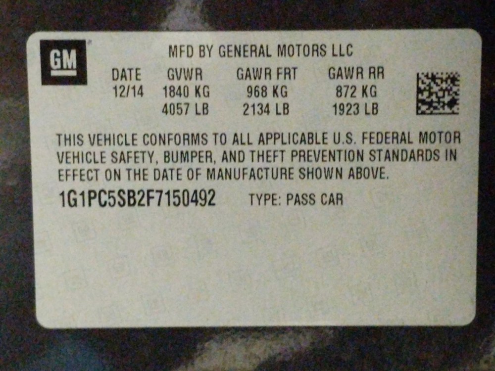 2015 Chevrolet Cruze - VIN Plate