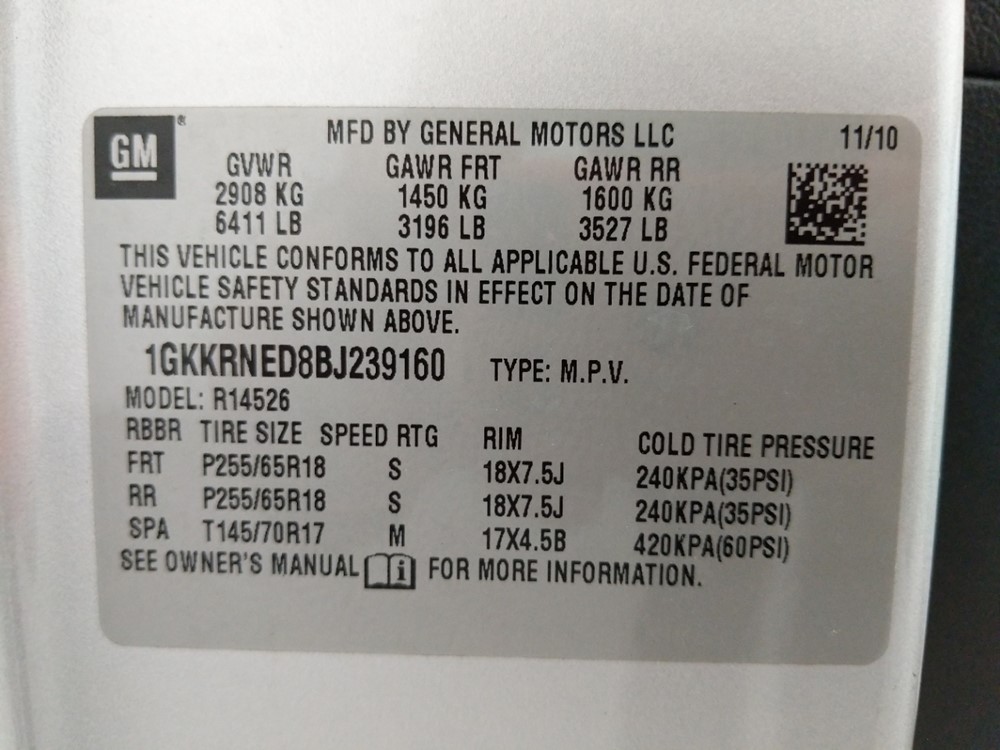 2011 GMC Acadia - VIN Plate