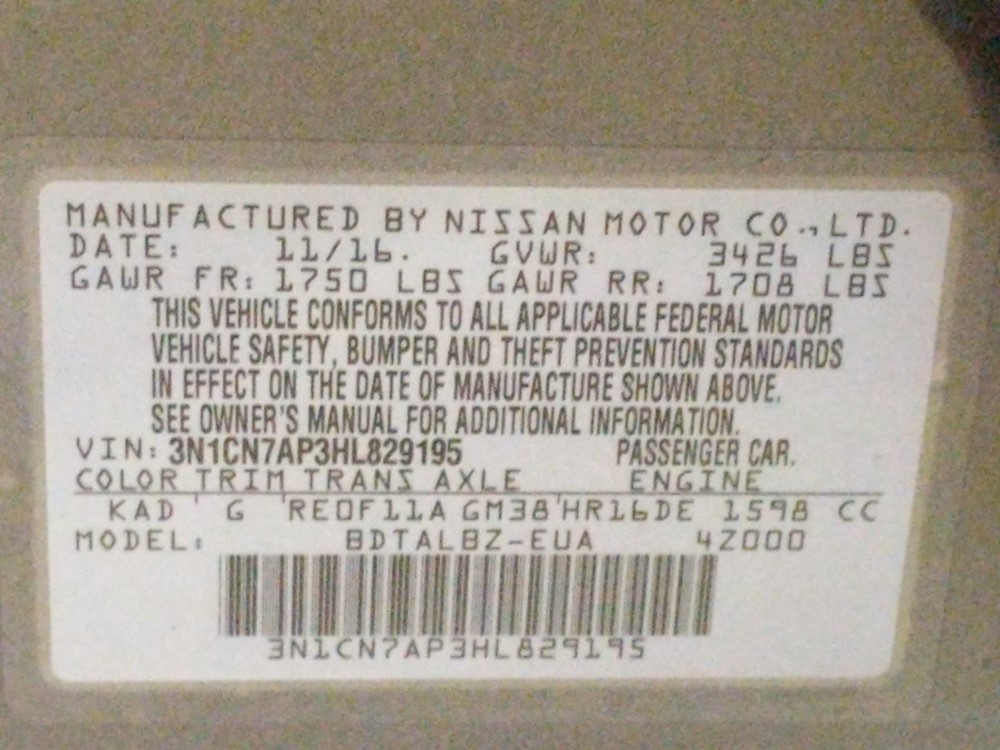 2017 Nissan Versa - VIN Plate