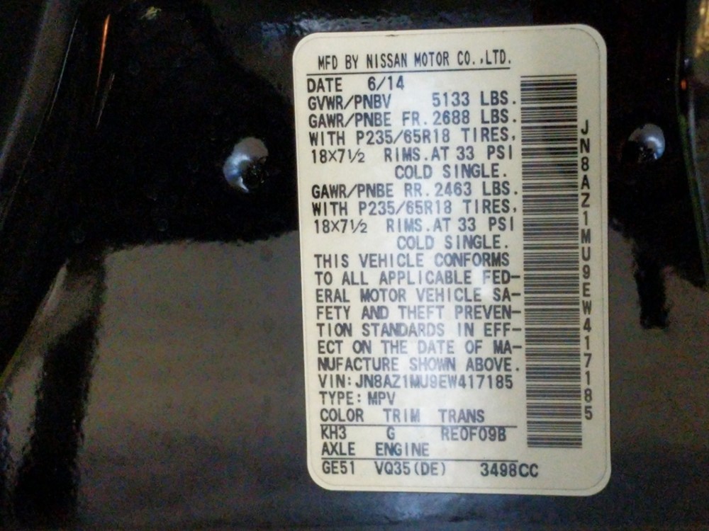 2014 Nissan Murano - VIN Plate