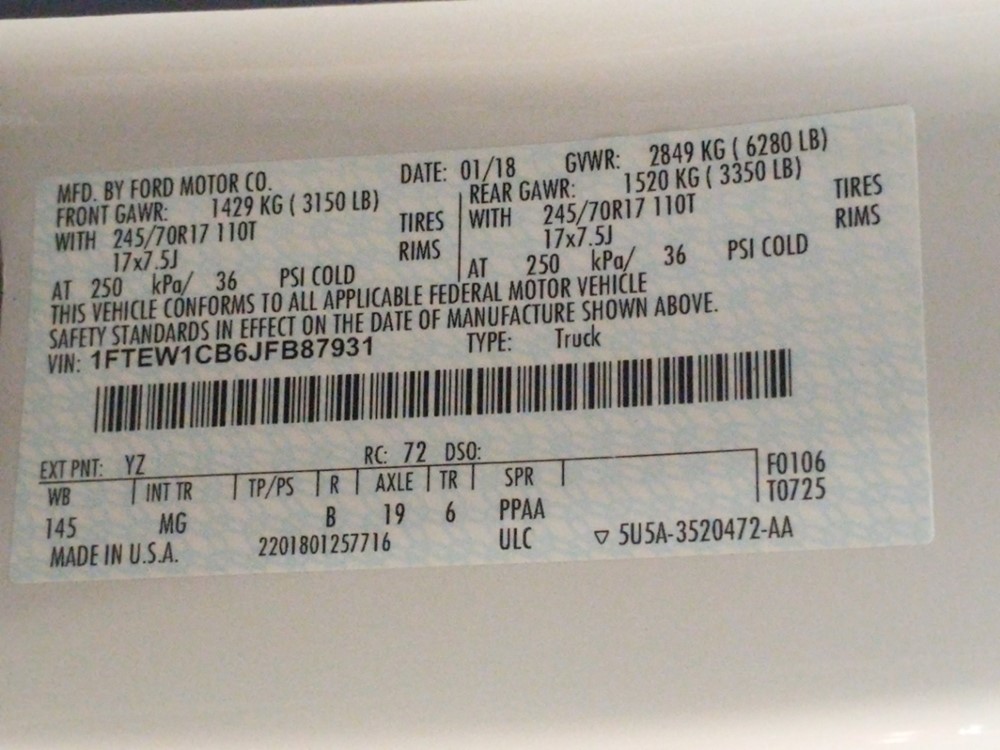 2018 Ford F-150 - VIN Plate