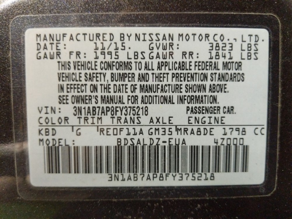 2015 Nissan Sentra - VIN Plate
