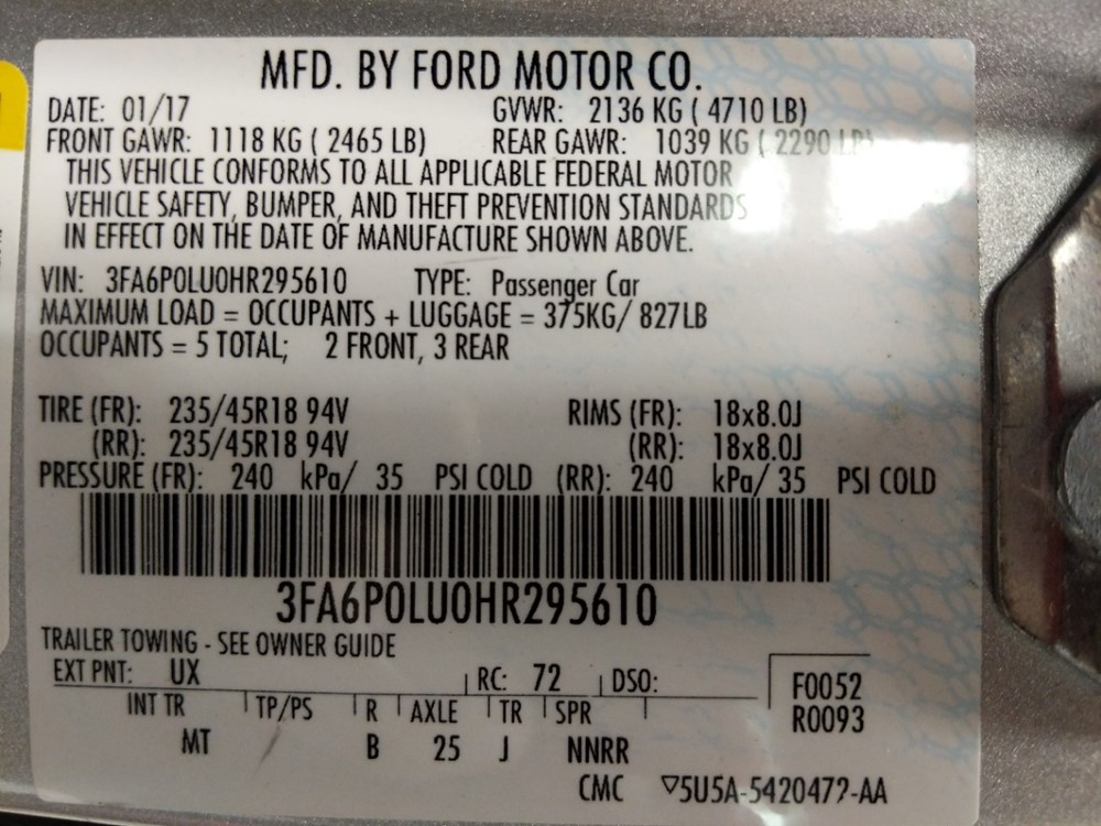 2017 Ford Fusion - VIN Plate