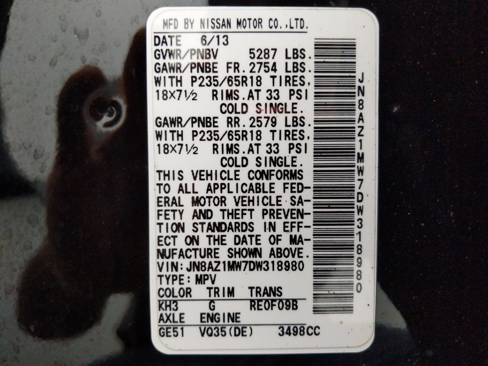 2013 Nissan Murano - VIN Plate