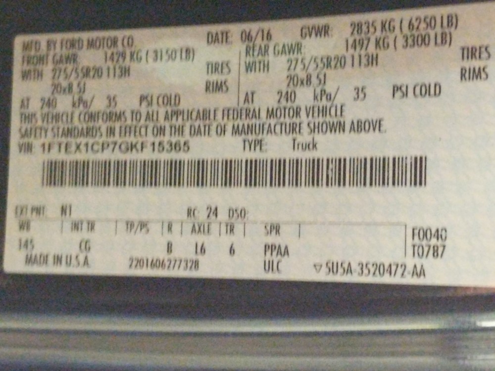 2016 Ford F-150 - VIN Plate