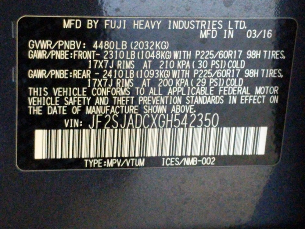 2016 Subaru Forester - VIN Plate