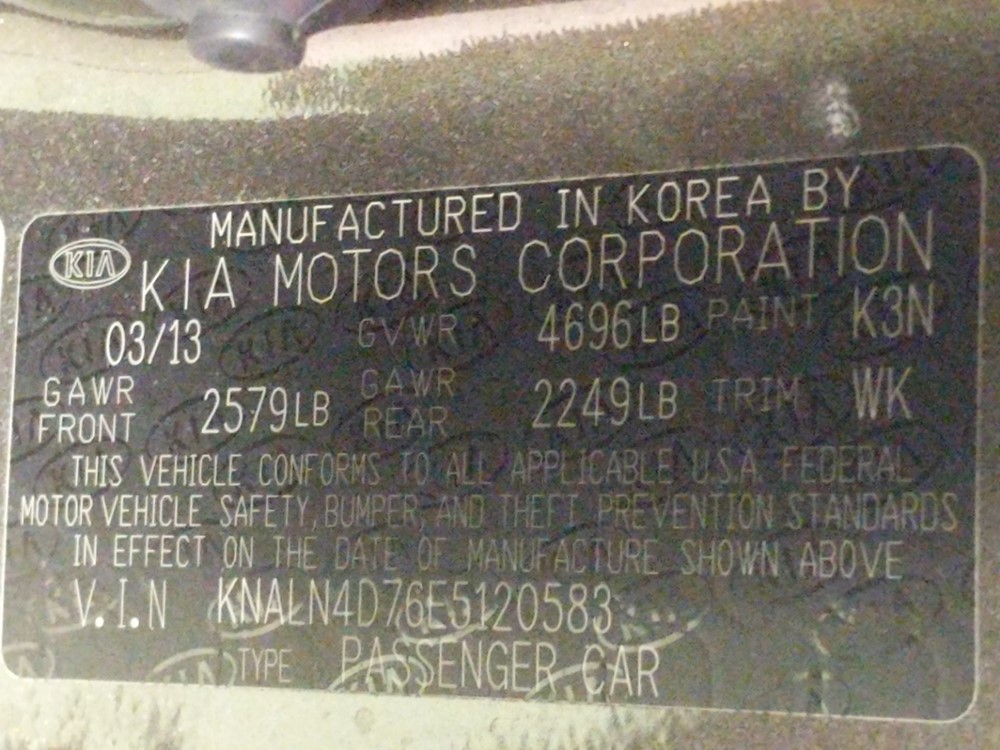 2014 Kia Cadenza - VIN Plate