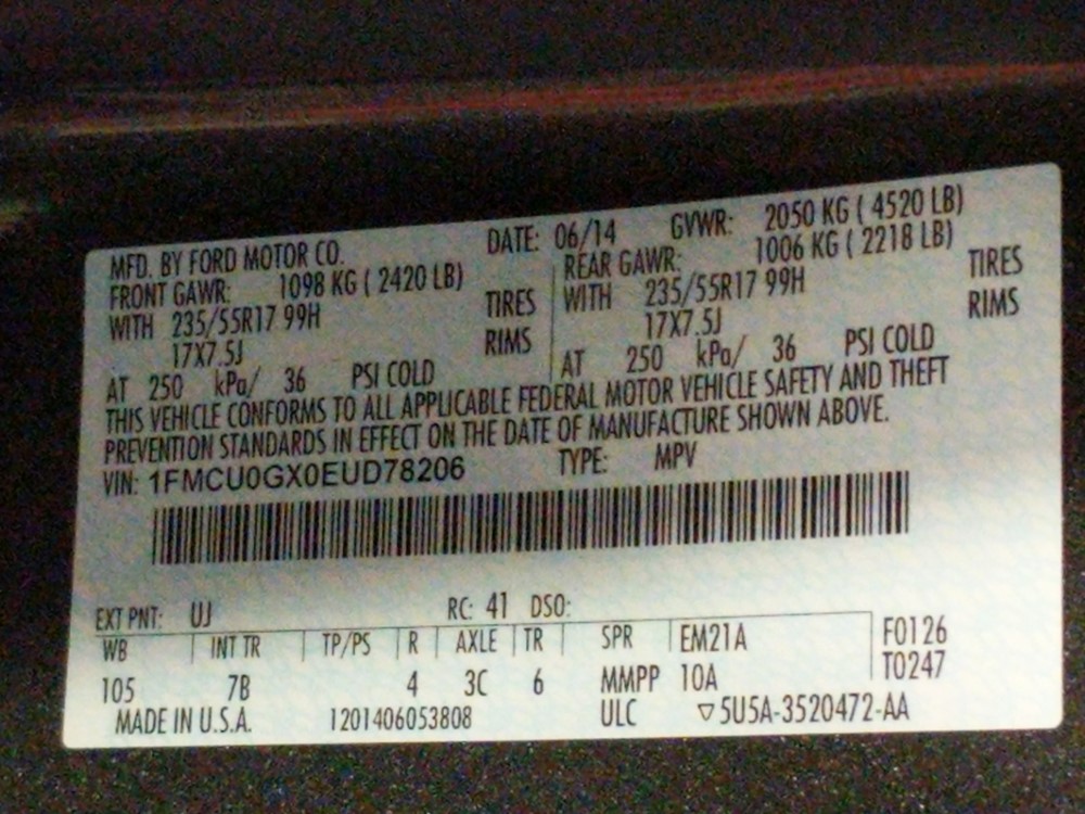 2014 Ford Escape - VIN Plate