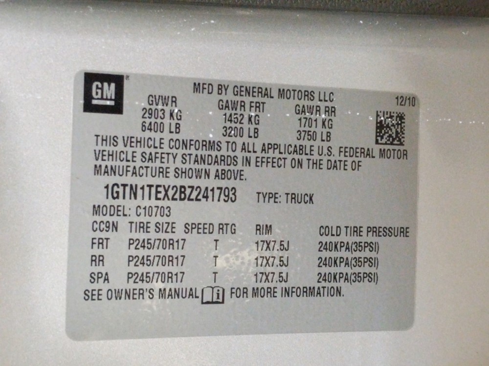 2011 GMC Sierra 1500 - VIN Plate