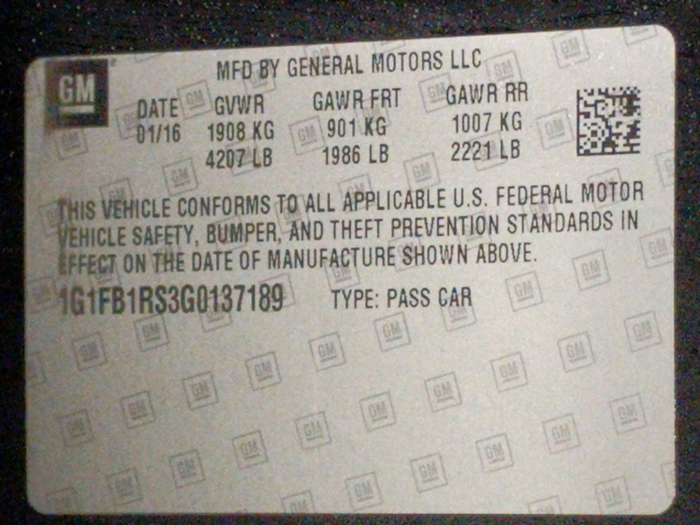 2016 Chevrolet Camaro - VIN Plate