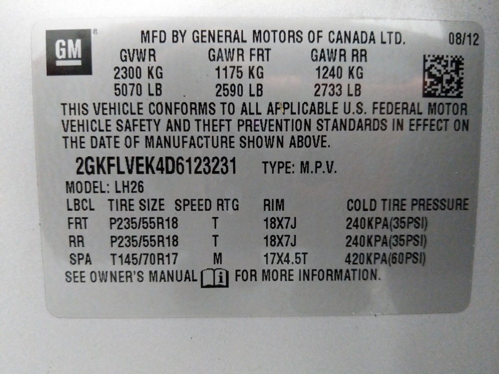 2013 GMC Terrain - VIN Plate