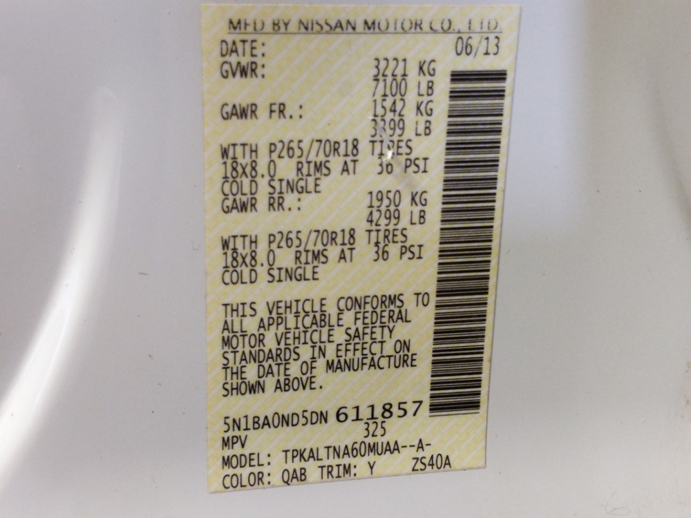 2013 Nissan Armada - VIN Plate