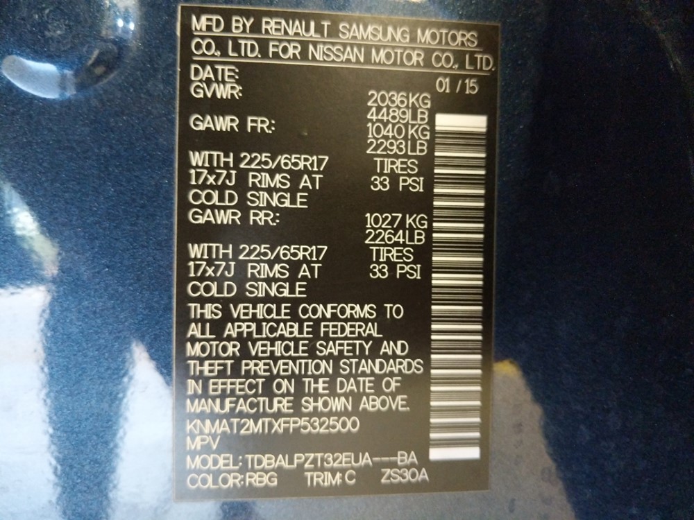2015 Nissan Rogue - VIN Plate