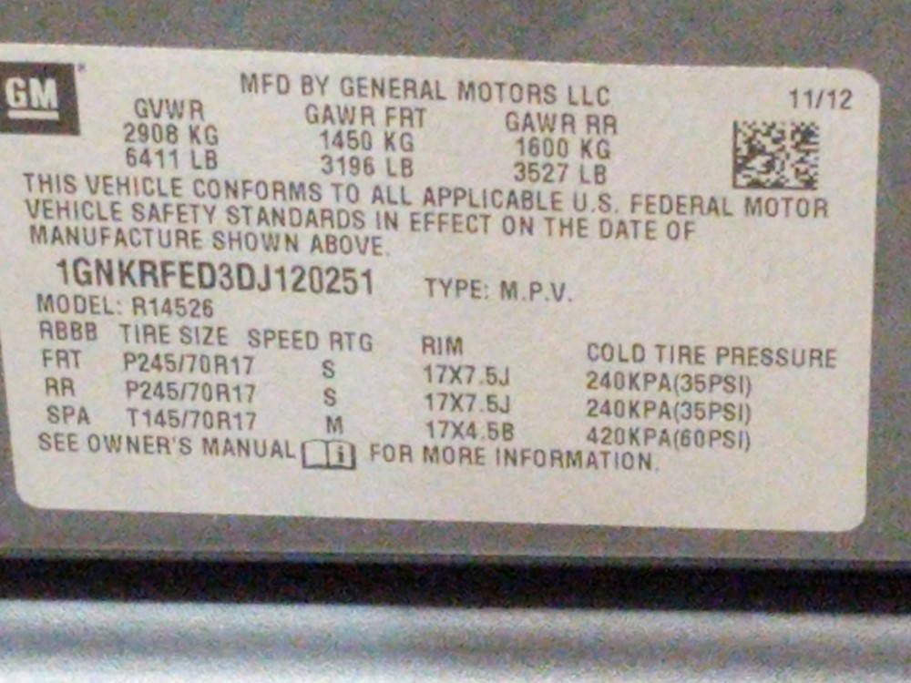 2013 Chevrolet Traverse - VIN Plate