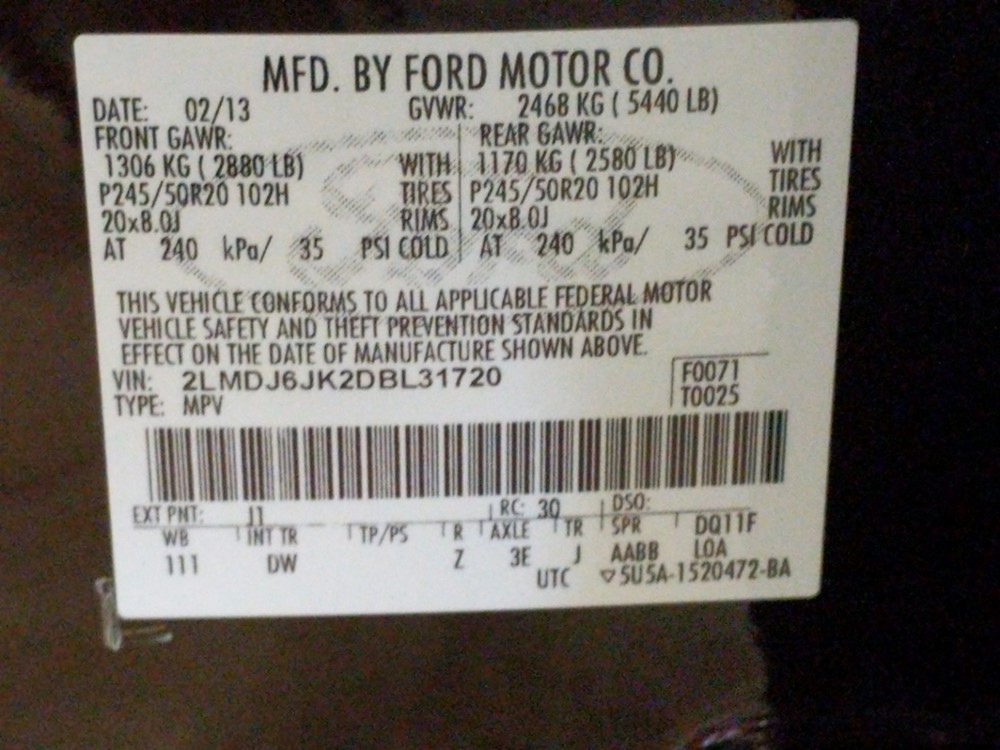 2013 Lincoln MKX - VIN Plate