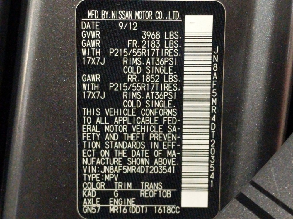 2013 Nissan JUKE - VIN Plate