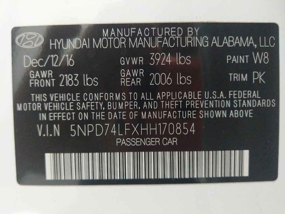 2017 Hyundai Elantra - VIN Plate