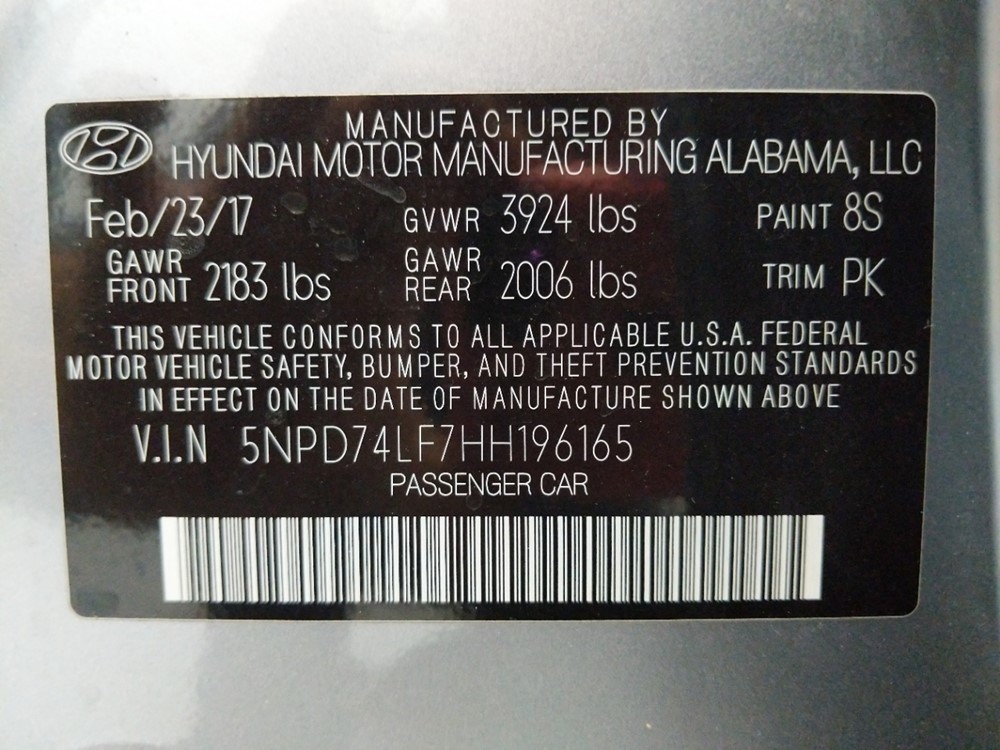 2017 Hyundai Elantra - VIN Plate