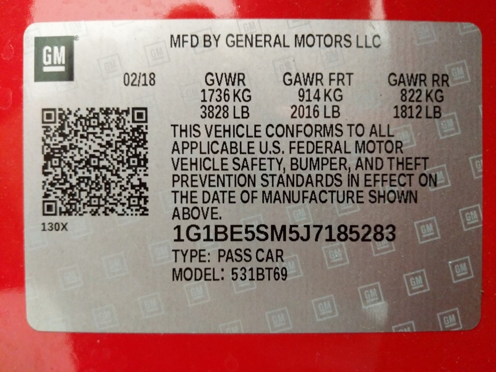 2018 Chevrolet Cruze - VIN Plate
